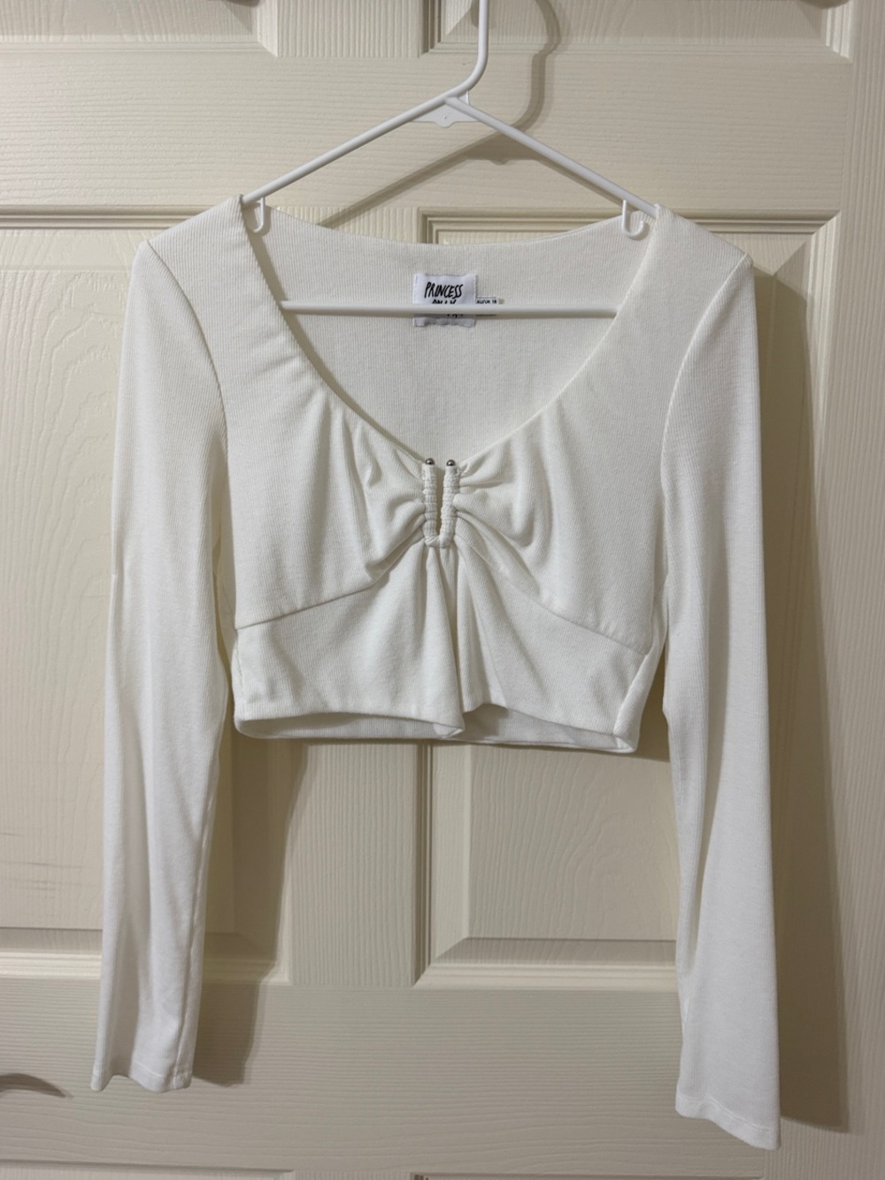 Princess Polly White Long Sleeve Cropped Ruched Front Top